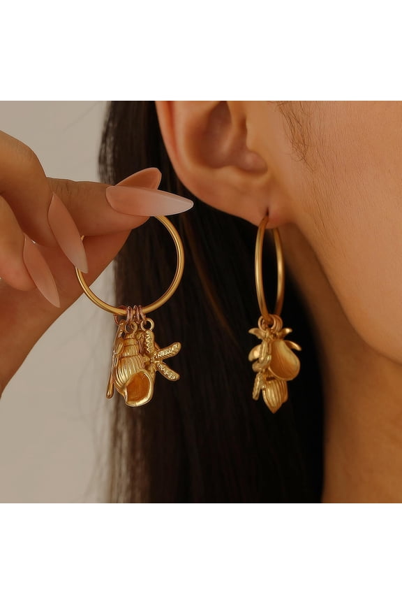 1 Pair Marine Theme Stainless Steel Hoop Earrings Shell Shape Matte Gold Color 55.5x29.5mm DIY