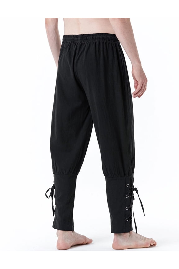 1 Pair Men's Cotton Ankle Banded Renaissance Pants, Vintage Medieval Pirate Costume Trousers for Halloween Outfits