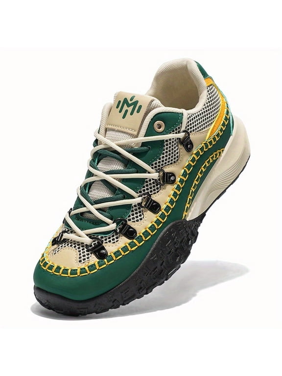 1 Pair Men's & Women's Breathable Mesh Platform Elevator Sneakers - 2-Color Block (Green/Yellow) Retro Chunky Platform Shoes, TPU Sole & Cushion, All-Season Low-Top Lace-Up for Height Boost, Casual,