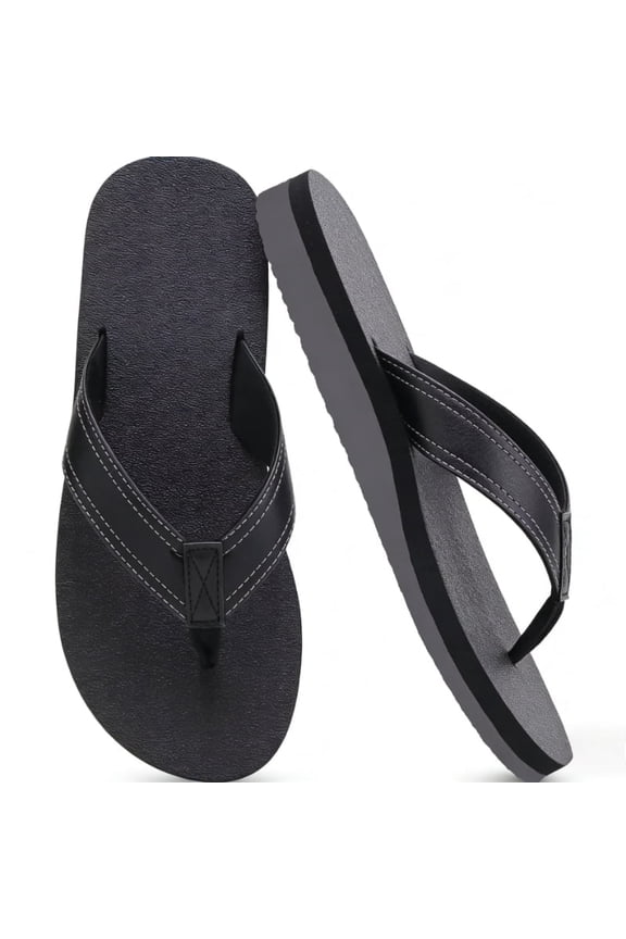 1 Pair Men's Yoga Mat Leather Flip Flops with Arch Support, Comfortable Cushion Slip On Thong Sandals for Indoor & Outdoor Walking