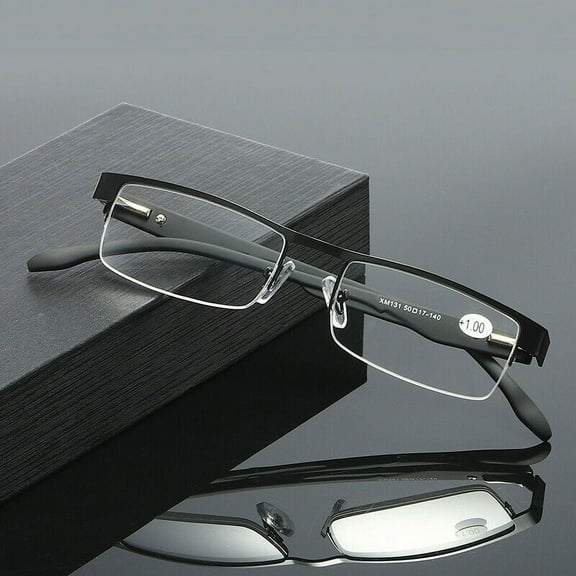 1 Pair Mens Rectangular Metal Half Frame Reading Glasses Spring Hinge Black Readers +1.25