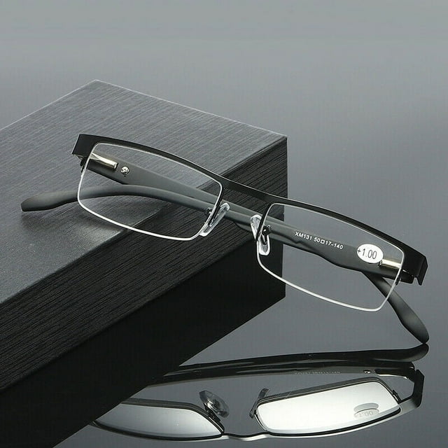 1 Pair Mens Rectangular Metal Half Frame Reading Glasses Spring Hinge Black Readers +2.00