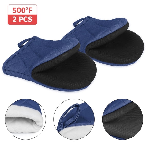 1 Pair Mini Oven Mitts, Heat Resistant Silicone Kitchen Short Oven Mitts for 500 Degrees, Non-Slip Grip Surfaces and Hanging Loop Gloves, Baking Grilling Barbecue Microwave Machine Washable,Dark Blue