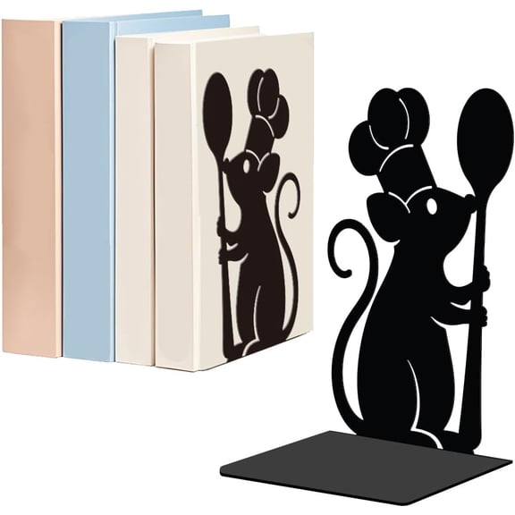 1 Pair Mouse Metal Bookends for Shelves Decorative Kitchen Heavy Duty Metal Decorative Book Ends Non-Skid Black L-Shaped Book Stopper