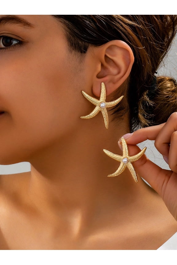 1 Pair Multicolor-7 Goldtone Starfish Stud Earrings With Pearl Center Ocean Theme Textured Design