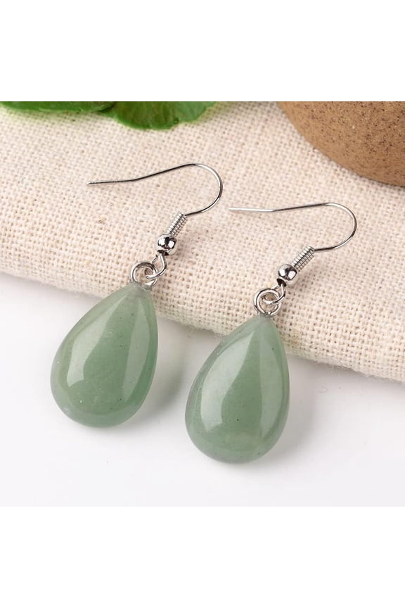 1 Pair Natural Green Aventurine Teardrop Dangle Earrings with Platinum Plated Brass Findings 41mm Pin: 0.7mm