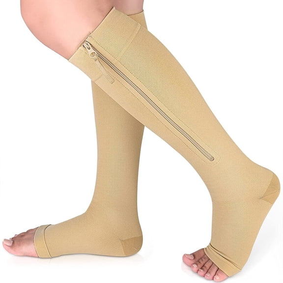 1 Pair Open Toe Zipper Copper Compression Socks for Women & Men Circulation 15-25 mmHg - Better Blood Flow, Swelling , Best Support for Medical, Running, Nursing