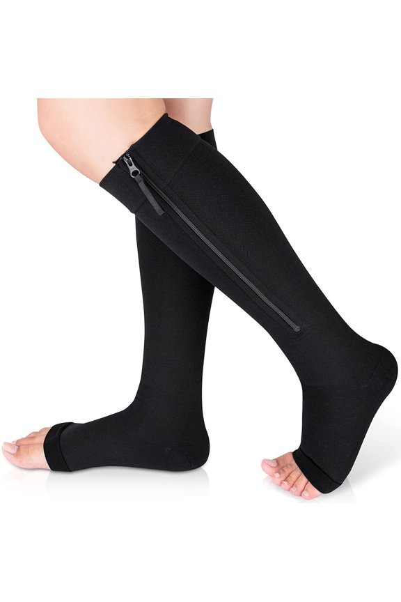 1 Pair Open Toe Zipper Copper Compression Socks for Women & Men Circulation 15-25 mmHg - Better Blood Flow, Swelling , Best Support for Medical, Running, Nursing