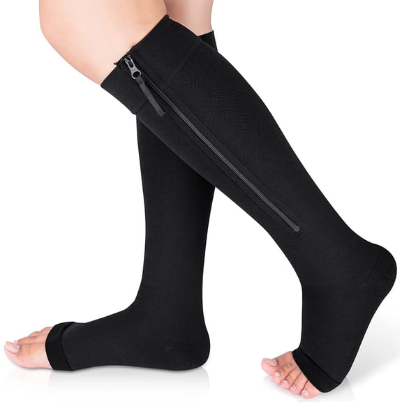 1 Pair Open Toe Zipper Copper Compression Socks for Women & Men Circulation 15-25 mmHg - Better Blood Flow, Swelling , Best Support for Medical, Running, Nursing