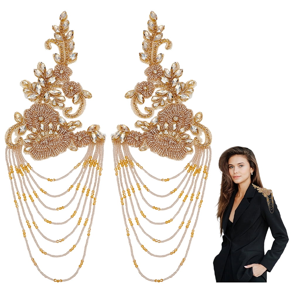 1 Pair PET Flower with Glass Beaded Tassel Epaulettes Shoulder Badges Goldenrod 320x118x6mm DIY