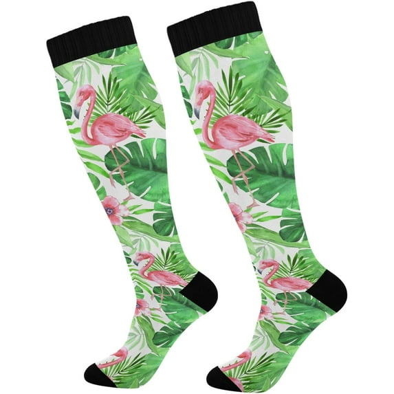 1 Pair Palm Leaves Flamingo Compression Socks 20-30mmHg Knee High Women Socks Tube Athletic Stockings for Men Sport Soccer Running Cycling Medical Nurse Winter Travel Gift