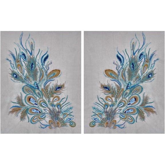 1 Pair Peacock Feather Embroidery Applique Blue Feather Tail Sewing Patchesfor Clothing Accessories Cheongsam Wedding Gown Dress Bridal DIY Crafts (27.318.7 inches) Blue