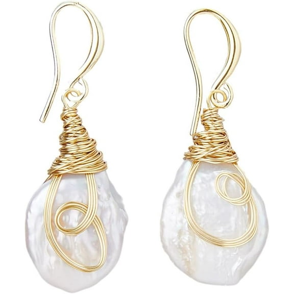 1 Pair Pearl Dangle Earrings Real 14K Gold Plated Earrings Freshwater Pearl Drop Earrings Natural Pearl Dangle Earrings with Metal Wire Wrap Wedding Party Gifts for Woman Brides