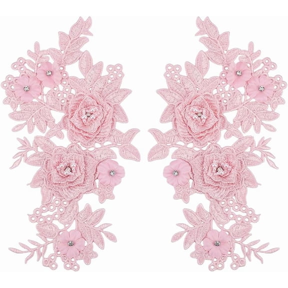 1 Pair Pink 3D Lace Flower Sew on Patches Rhinestones Embroidered Trim Decor Applique Flower Bead Lace Sewing Appliques