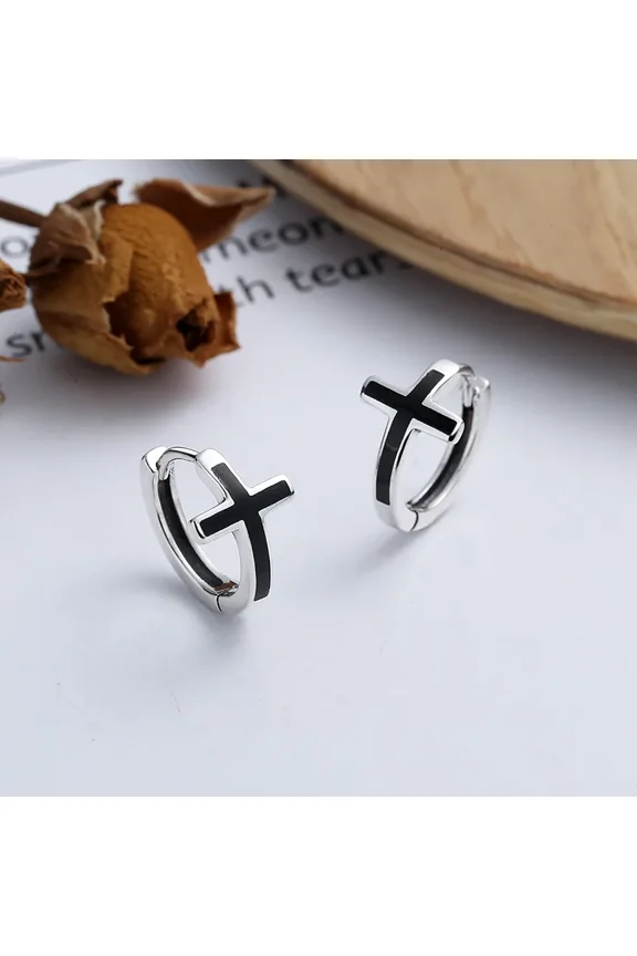 1 Pair Punk Black Cross Ear Buckle Small Hoop 14K White Gold Earrings For Men/Women Classic Retro Hip Hop Party Gothic Ear Jewelry