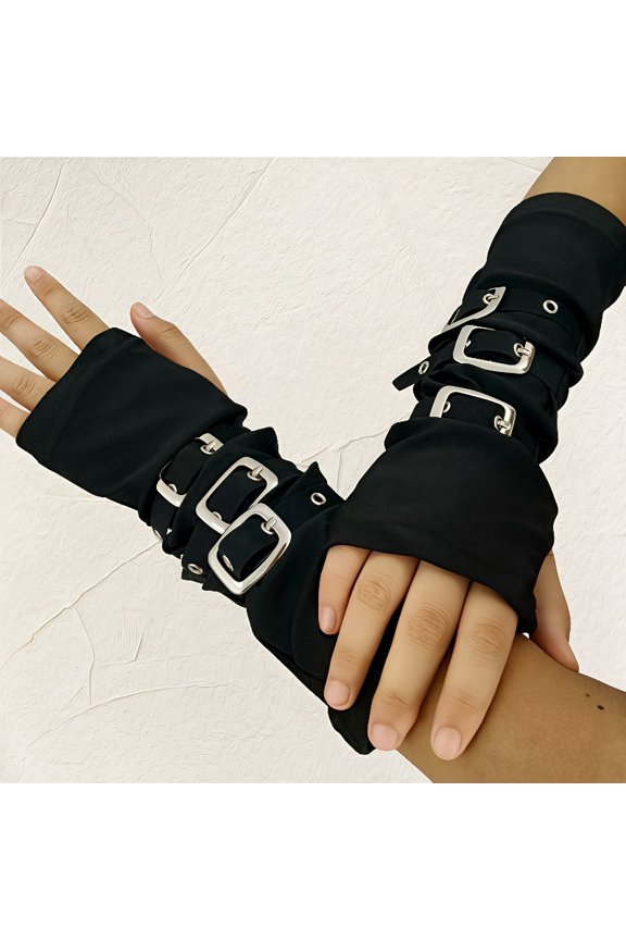 1 Pair Punk Harajuku Style Hot Dance Biker Sleeves, Apocalyptic Dopamine Streetwear Performance Dancing Arm Covers Fashion Black Motorcycle Gloves for Women with Metal Buckles Dark Gothic Ins