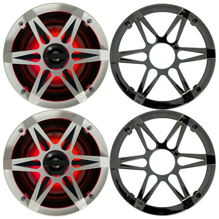 1 Pair (QTY 2) of Enrock Marine 6.5" 4-Ohm 120 Watt Peak Power Waterproof 2-Way Coaxial Speakers with MultiColor LED Lighting - Bundle Combo with Chrome and White Grilles