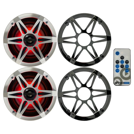 1 Pair (QTY 2) of Enrock Marine 6.5" 4-Ohm 120 Watt Peak Power Waterproof 2-Way Coaxial Speakers with MultiColor LED Lighting - Bundle Combo with Chrome/White Grilles and LED Remote Controller