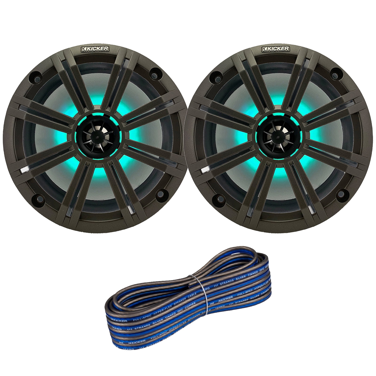 1 Pair (QTY 2) of Kicker 8" 2-Way 300 Watts Max Power Coaxial Marine Audio MultiColor LED Speakers with Charcoal Grilles, 50-Feet 16-Gauge Speaker Wire