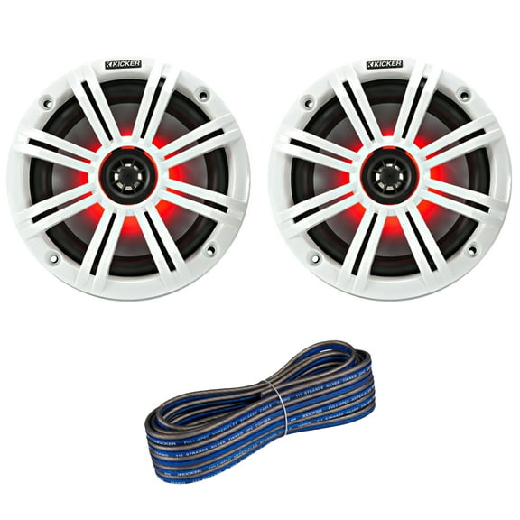 1 Pair (QTY 2) of Kicker 45BKM614L 6.5" 2Way 195W Max Coax Marine Audio LED Speakers with White Grilles, 50-feet 16 Gauge Speaker Wire
