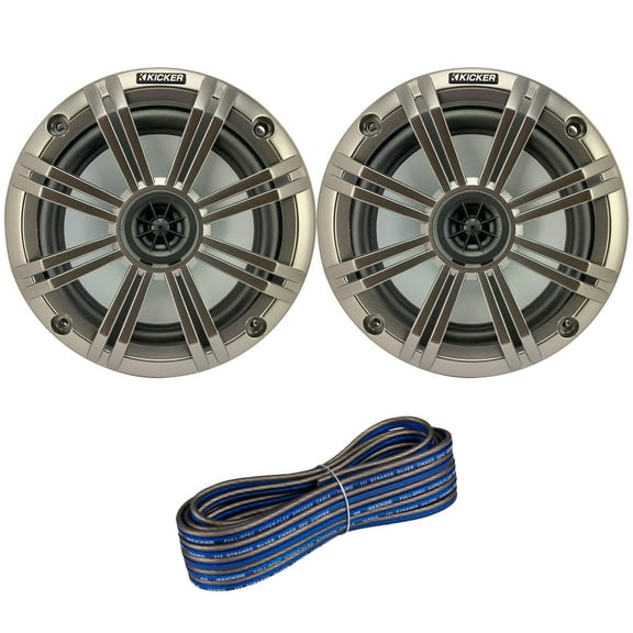 1 Pair (QTY 2) of Kicker 6.5" 2-Way 195 Watts Max Power Coaxial Marine Audio Speakers with Silver Grilles, 50-Feet 16-Gauge Speaker Wire