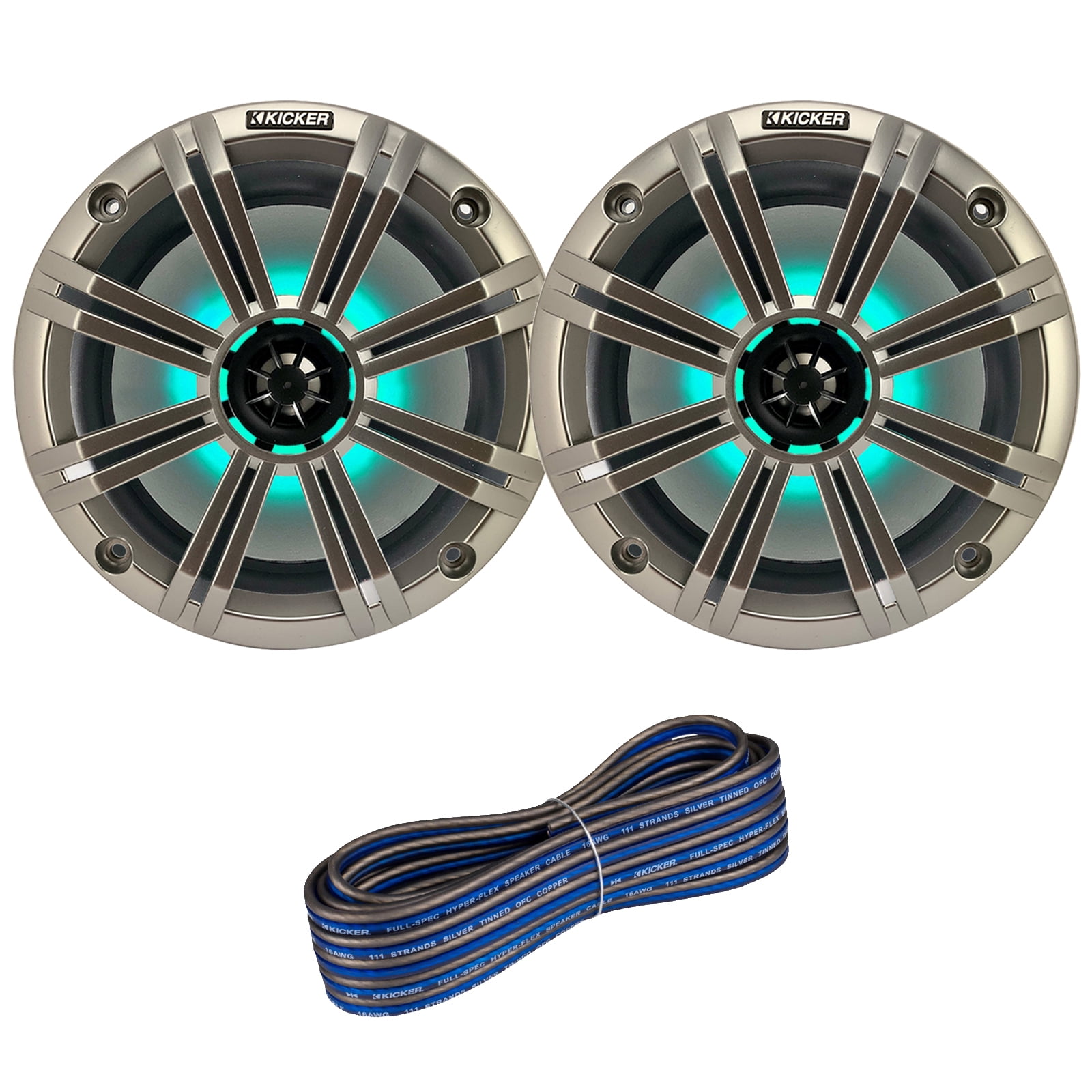 1 Pair (QTY 2) of Kicker 8" 2-Way 300 Watts Max Power Coaxial Marine Audio MultiColor LED Speakers with Silver Grilles, 50-Feet 16-Gauge Speaker Wire