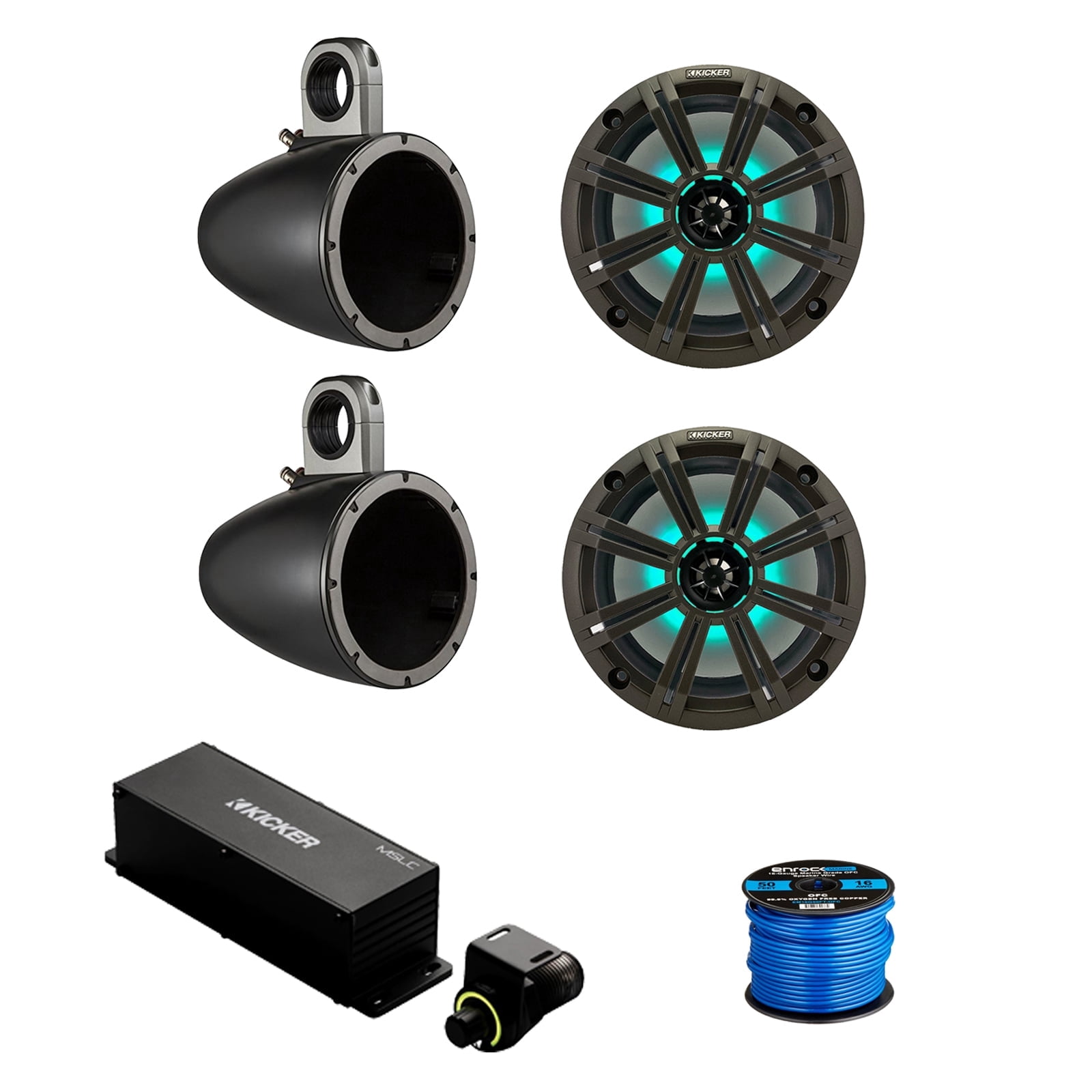 1 Pair (Qty 2) of Kicker 8" 300 Watt Max Marine Multicolor LED Audio Speakers, Charcoal Grilles, 2x 8" Single Speaker Enclosure (Black), Wired Controller w/ Wire