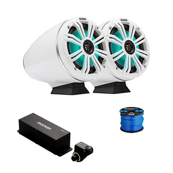 1 Pair (Qty 2) of Kicker 46KMFC65W 6.5" 195 Watt Max Marine Multicolor LED White Tower Speakers w/White Grilles, Wired Controller, Wire