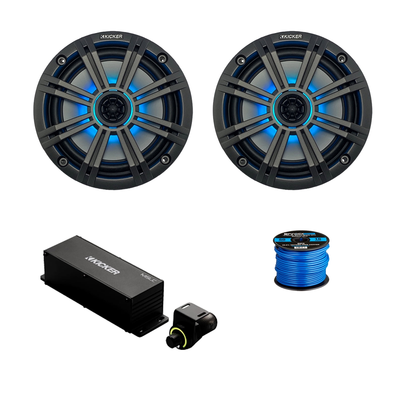 1 Pair (Qty 2) of Kicker 6.5" 195 Watt Max Marine Multicolor LED Audio Speakers, Charcoal Grilles, Wired Controller w/ Wire