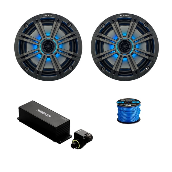 1 Pair (Qty 2) of Kicker 6.5" 195 Watt Max Marine Multicolor LED Audio Speakers, Charcoal Grilles, Wired Controller w/ Wire