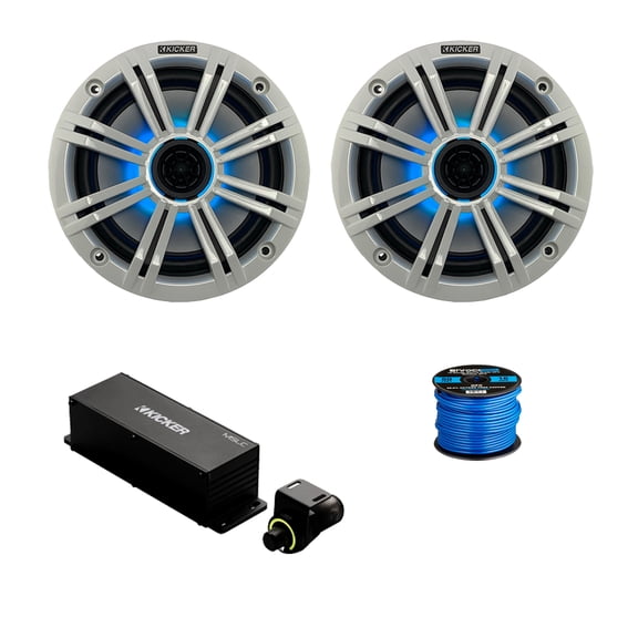 1 Pair (Qty 2) of Kicker 6.5" 195 Watt Max Marine Multicolor LED Audio Speakers, White Grilles, Wired Controller w/ Wire