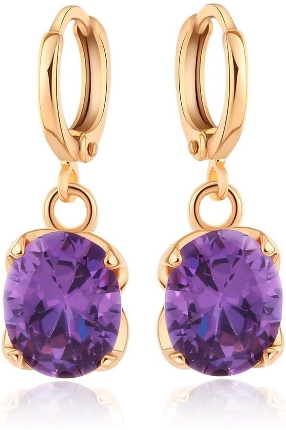 1 Pair Real 18K Gold Plated Hot Trends Oval Brass Rhinestone Dangle Hoop Earrings Purple Velvet 25x8mm