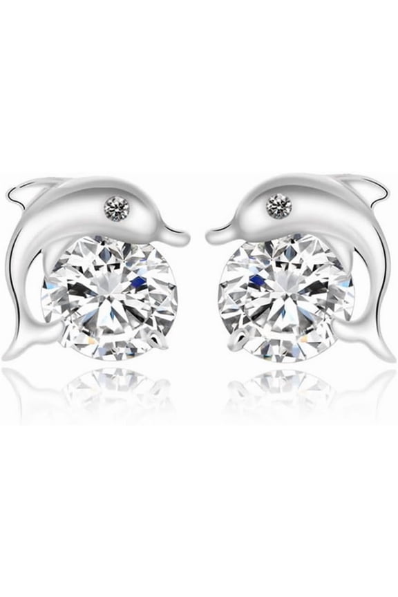 1 Pair Real Platinum Plated Dolphin Brass Stud Earrings with Rhinestone Crystal 10x10mm
