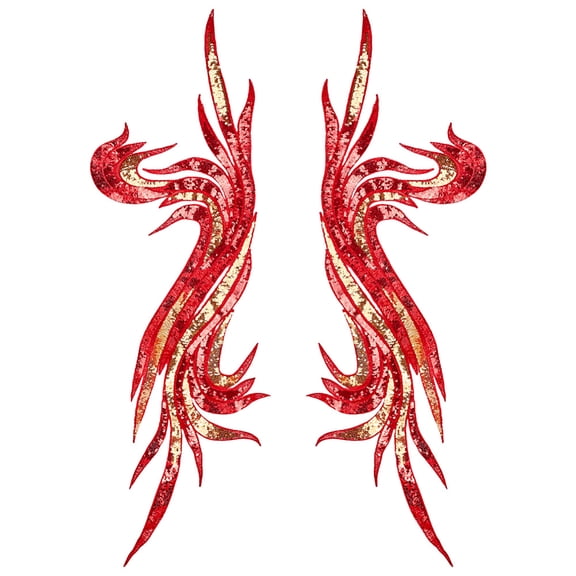 1 Pair Red Gold Sequin Phoenix Tail Embroidered Appliques 27.8x10.8 Inch Feather Sewing on Patches