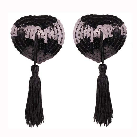 1 Pair Reusable Sexy Breast Bra Tassel  Self Adhesive Womens Silicone Pasties Heart Shape Bra Nipple Covers Women Lingerie BLACK