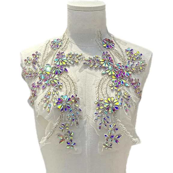 1 Pair Rhinestone Beaded Floral Applique, Hand Sew Embellishment Patch, 10.43 x 7.09 Inch for Dress Gown Garment Decoration (Rainbow)