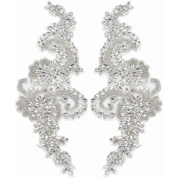 1 Pair Rhinestones Clothing Applique Iron on/Sew on Glass Rhinestone Embroidery Fabric Patch Handmade Silver Flower Rhinestones Patches for DIY