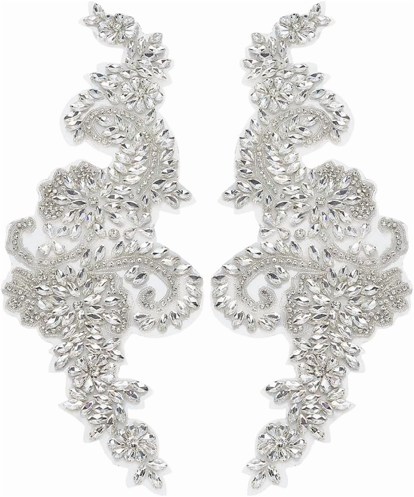 1 Pair Rhinestones Clothing Applique Iron on/Sew on Glass Rhinestone Embroidery Fabric Patch Handmade Silver Flower Rhinestones Patches