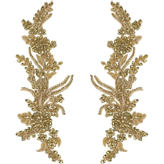 1 Pair Rhinestones Lace Applique 13x4.3x0.2 Inch Dark Goldenrod Handmade Floral Embroidery Beaded Lace Rhinestone Patch Sewing Beaded Applique for Clothing and Craft Decoration Gold