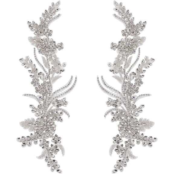 1 Pair Rhinestones Lace Applique 13x4.3x0.2 Inch White Handmade Floral Embroidery Beaded Lace Rhinestone Patch Sewing Beaded Applique for DIY Clothing and Craft Decoration White