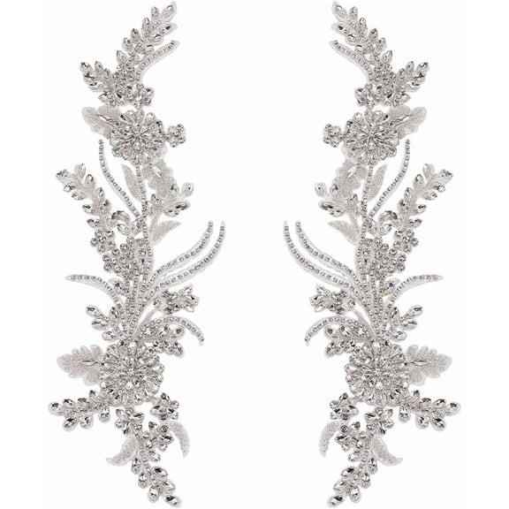 1 Pair Rhinestones Lace Applique 13x4.3x0.2 Inch White Handmade Floral Embroidery Beaded Lace Rhinestone Patch Sewing Beaded Applique for DIY Clothing and Craft Decoration