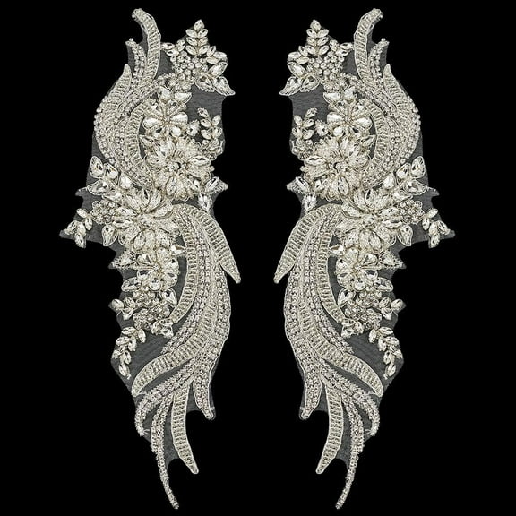 1 Pair Rhinestons Clothing Applique Patch Sew on Crystal Embroidery Fabric Patch Handmade Silver Flower Rhinestons Crystal Patches for Wedding Dress Decoration Dress Clothes Accessory