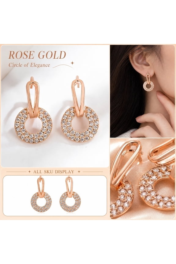 1 Pair Rose Gold Pave CZ Circle Drop Dangle Earrings, Hypoallergenic Double Link Rhinestone Hoop Earrings, Minimalist Interlocking Crystal Circle Jewelry for Women Wedding Daily Party Gifts