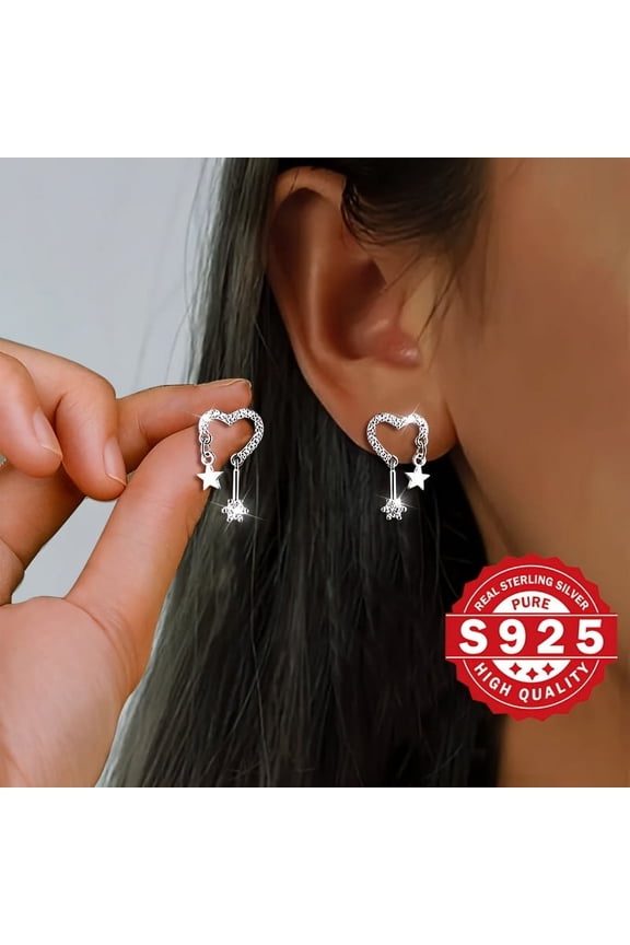 1 Pair of S925 Sterling Silver Heart & Star Drop Earrings with Cubic Zirconia, 18K GOLDEN PLATED, HyPoallergenic, Perfect For Valentine's Day Gift & Party Wear, ANESE & Korean Style,silvery
