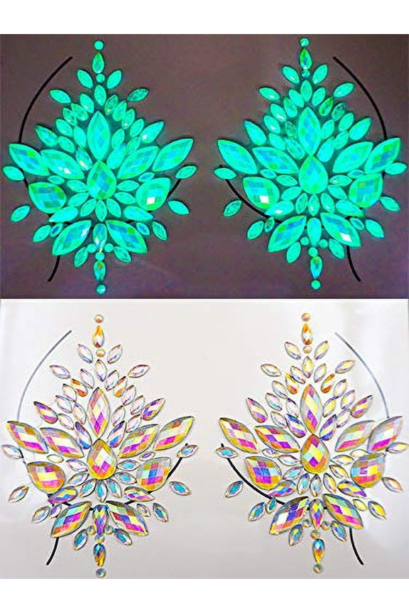1 Pair Sass Chick Reusable Rhinestone Glow in Dark Snow Flake Pasties - Nipple Covers, Crytals & Gems