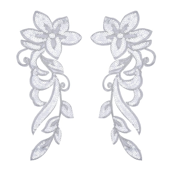 1 Pair Sequin Flower Patches, 12 in Dancing Sequin Applique Patch Iron on Applique Sewing Embroidered Patches for Stage Wedding Drama Dress Jackets, Silver