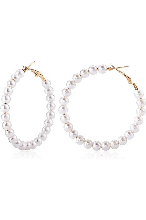1 Pair Shell Pearl Beaded Big Hoop Earrings Alloy Jewelry for Women Golden 53.5mm Pin: 0.8mm