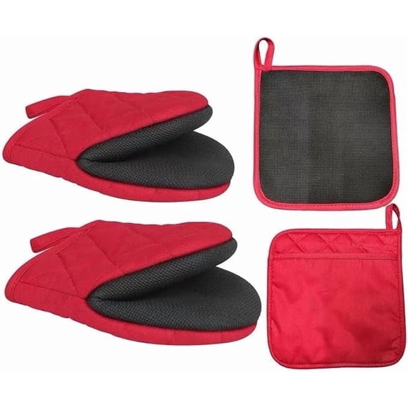 HEETLY Short Oven Mitts and Pot Holders Set,4-Piece,500°F Heat Resistant with Neoprene Grip,Red