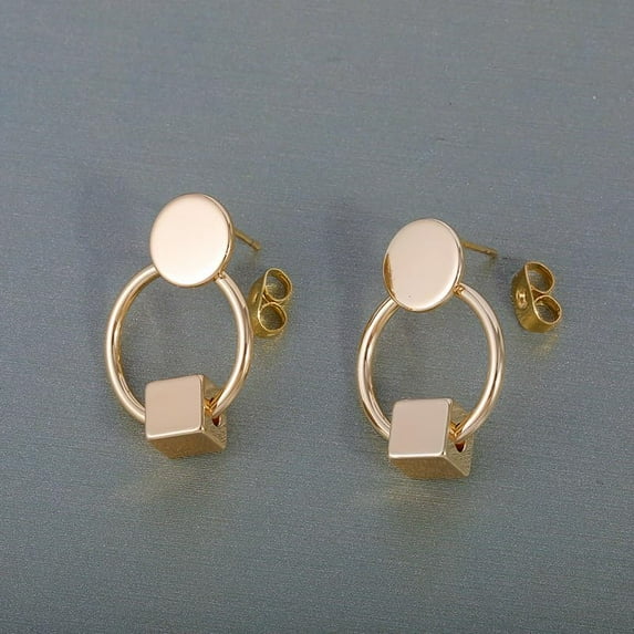 1 Pair Simple Fashion Brass Stud Earrings Circle with Cube Golden 1x0.66 Inch