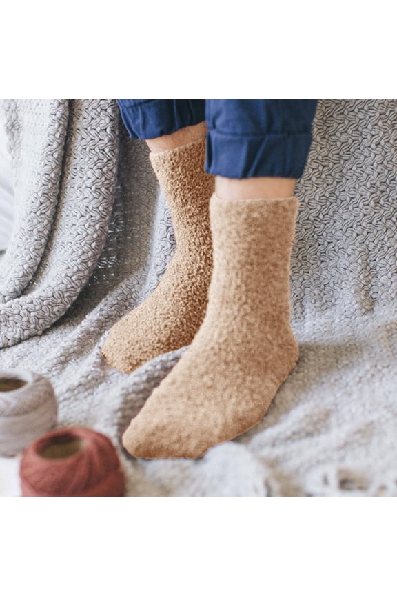 1 Pair Solid Color Fuzzy Coral Fleece Crew Socks, Thick Thermal Plush Hosiery, Warm Cozy Socks for Men Women Winter Bedroom Sleeping Lounge Wear Khaki